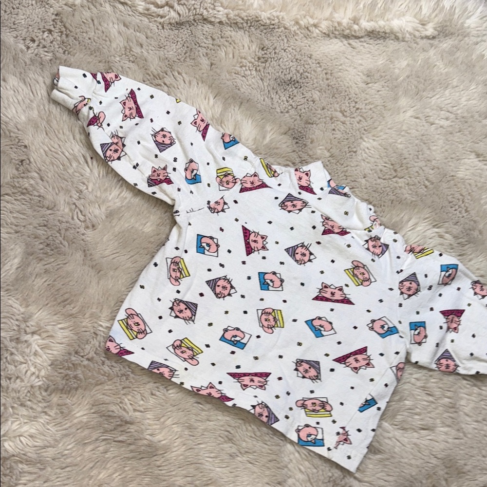 🧡6/9m 80s vintage girls Cute Cartoon kitty puppy Print Long Sleeve Shirt